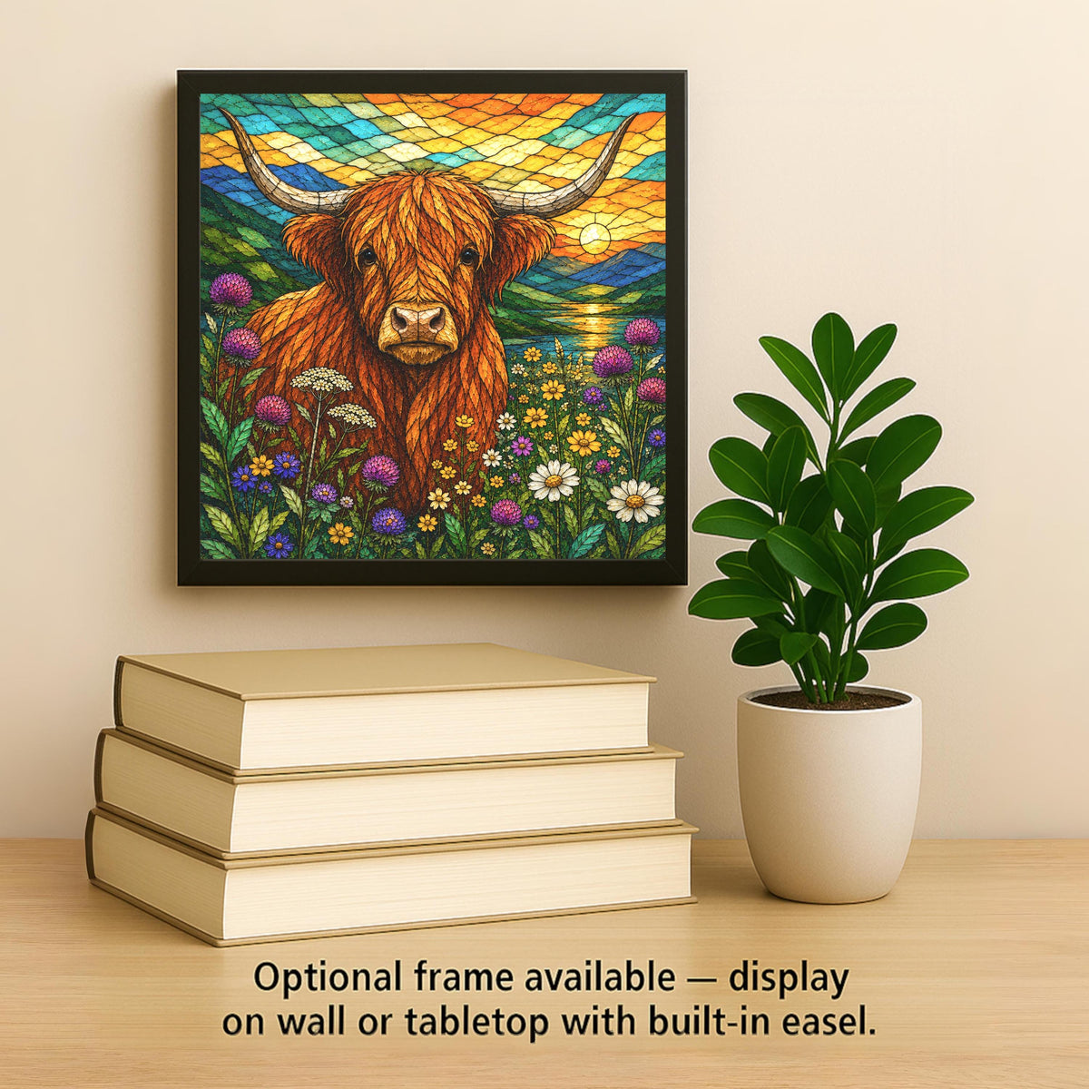 Highland Cow Ceramic Tile Stained Glass Style Scottish Sunset Loch Wildflower Meadow Farmhouse Wall Art Decor