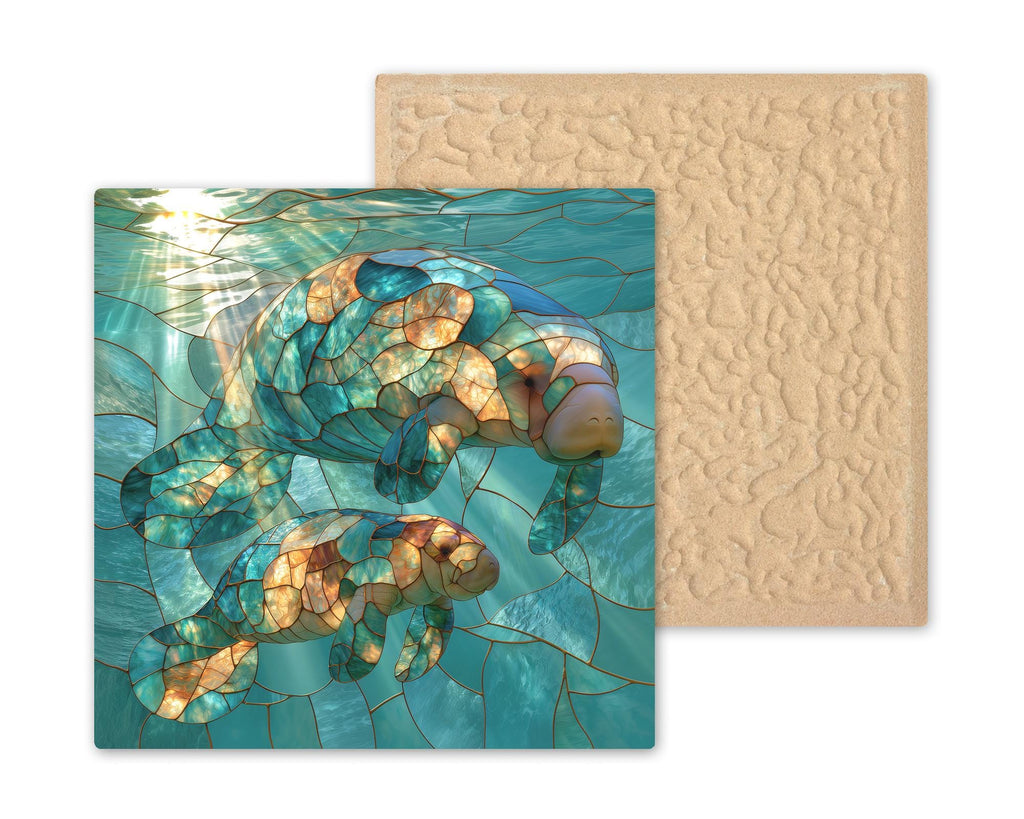 Manatee Ceramic Tile Stained Glass Style Mother and Baby Sea Cow Pair Under the Sea Nursery Ocean Wall Art Decor