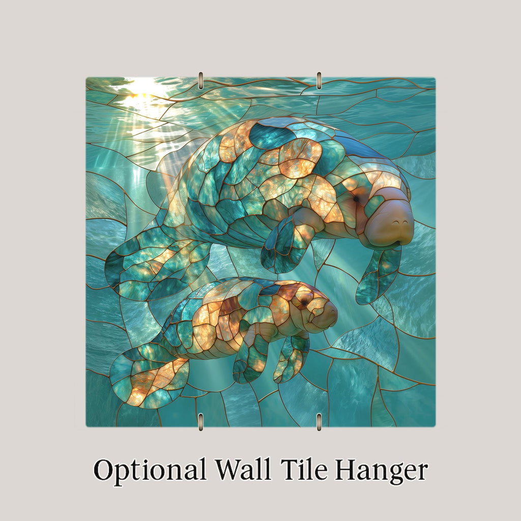 Manatee Ceramic Tile Stained Glass Style Mother and Baby Sea Cow Pair Under the Sea Nursery Ocean Wall Art Decor
