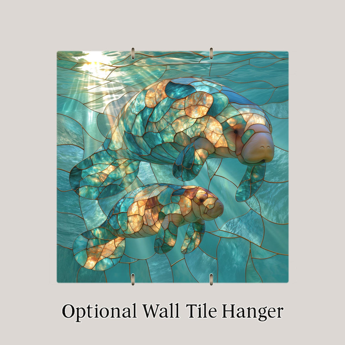 Manatee Ceramic Tile Stained Glass Style Mother and Baby Sea Cow Pair Under the Sea Nursery Ocean Wall Art Decor