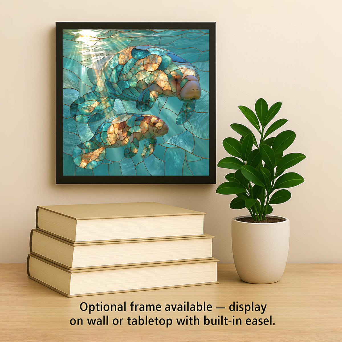 Manatee Ceramic Tile Stained Glass Style Mother and Baby Sea Cow Pair Under the Sea Nursery Ocean Wall Art Decor