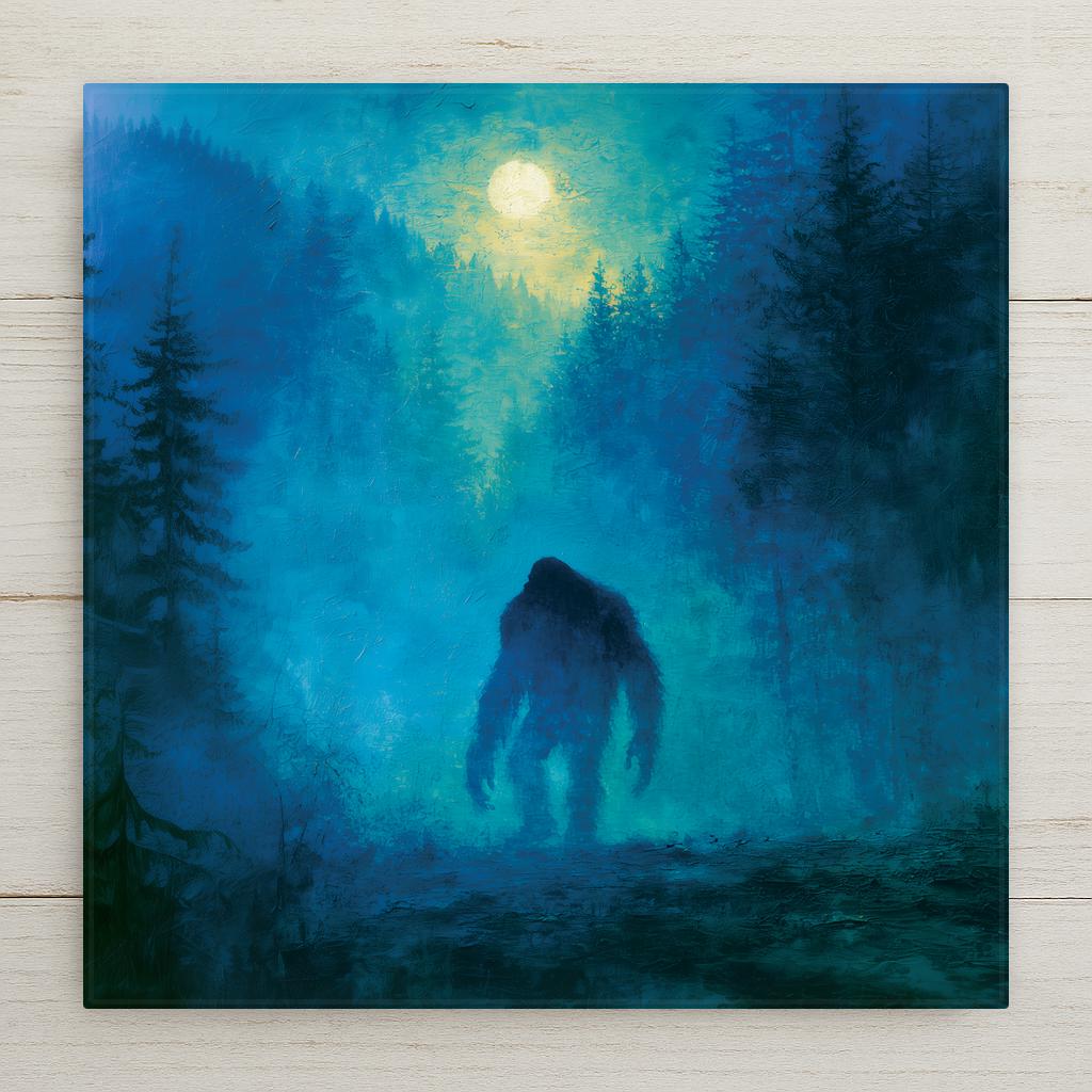 Painterly ceramic tile of a sasquatch silhouette standing in a moonlit foggy evergreen forest at night