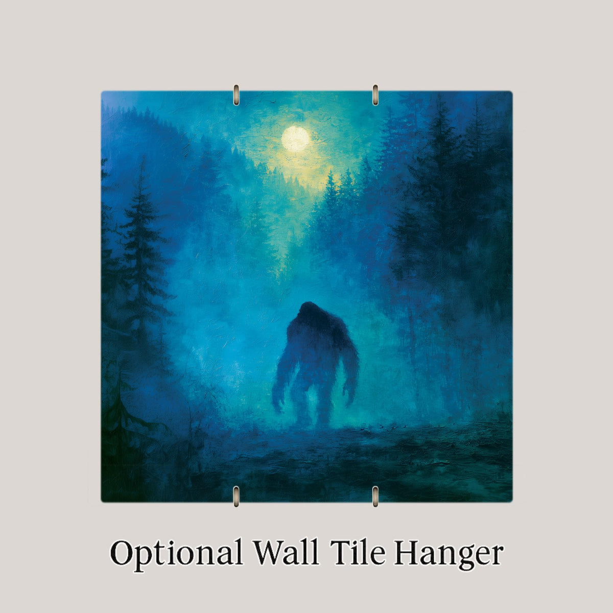 Bigfoot Ceramic Tile Sasquatch in Moonlit Foggy Forest Pacific Northwest Cryptid Night Wall Art Moody Cabin Decor
