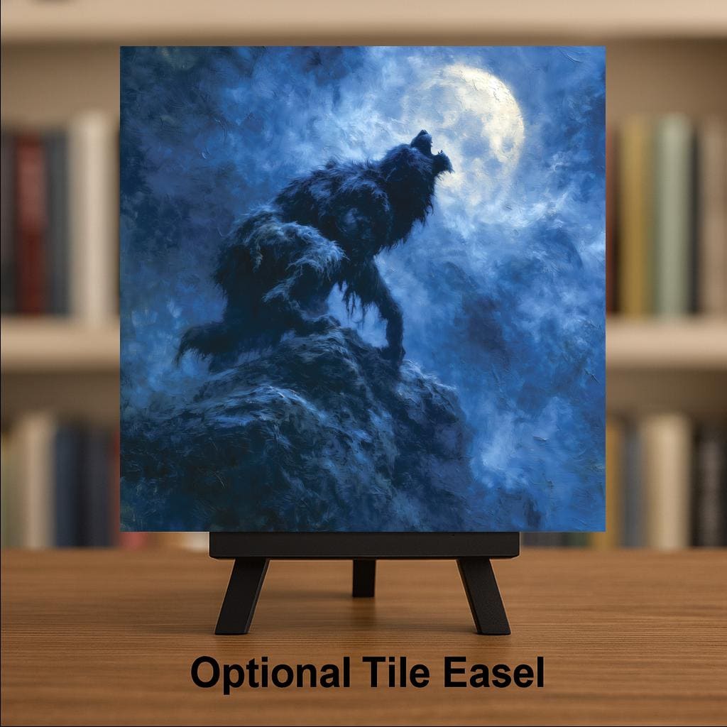 Werewolf Ceramic Tile Howling at Full Moon Painterly Night Horror Folklore Wall Art Moody Gothic Halloween Decor