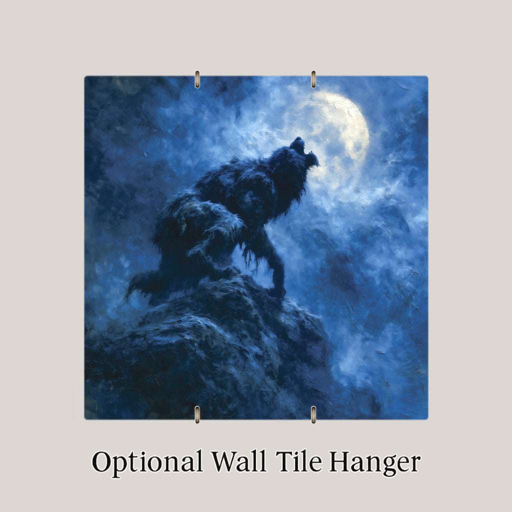 Werewolf Ceramic Tile Howling at Full Moon Painterly Night Horror Folklore Wall Art Moody Gothic Halloween Decor