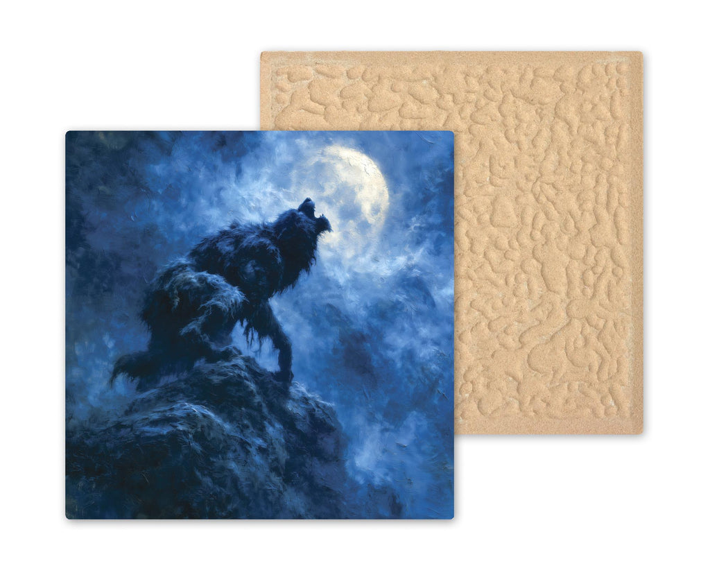 Werewolf Ceramic Tile Howling at Full Moon Painterly Night Horror Folklore Wall Art Moody Gothic Halloween Decor