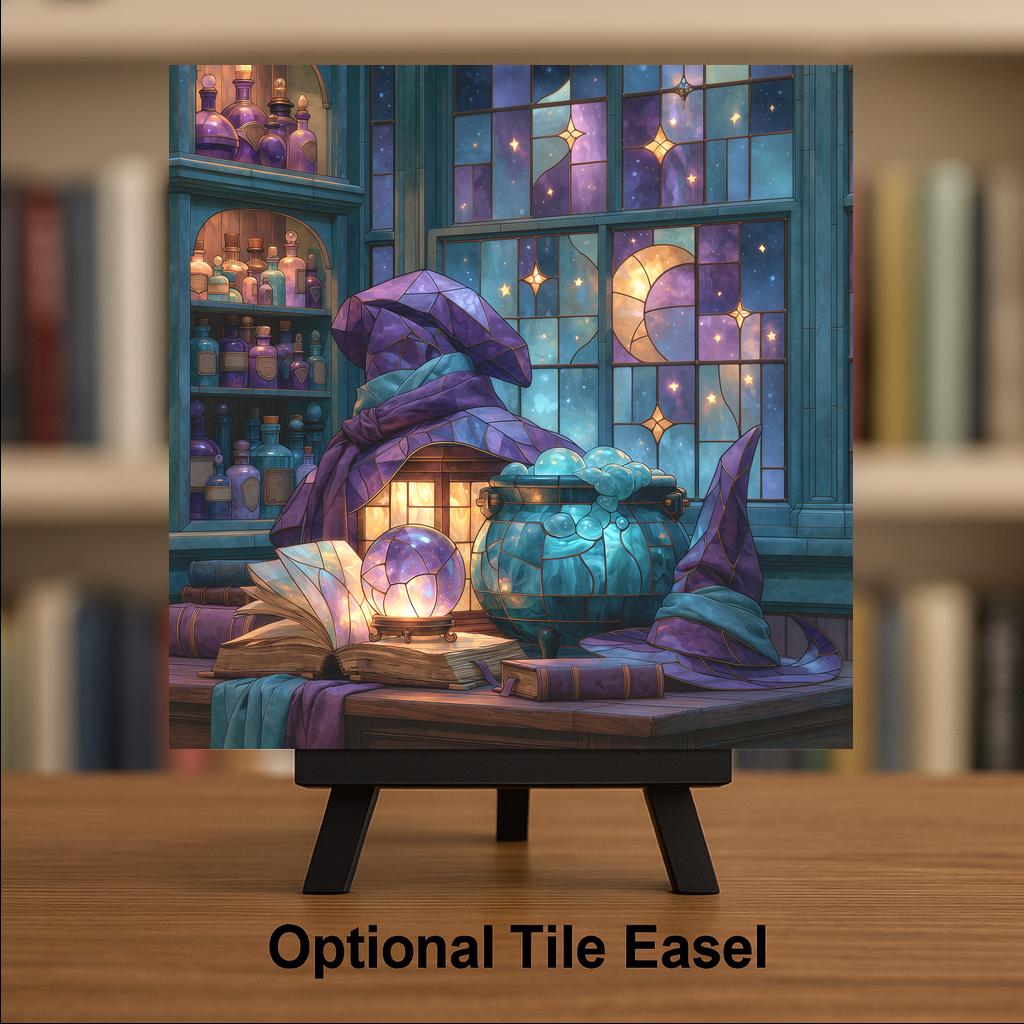 Witchy Ceramic Tile Stained Glass Style Grimoire Crystal Ball Cauldron Apothecary Whimsigoth Witch Hat Wall Art Decor