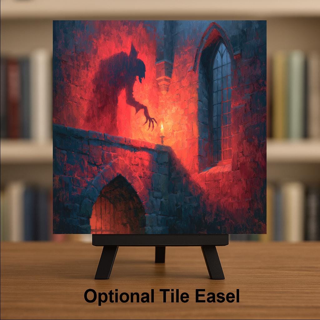 Nosferatu Ceramic Tile Vampire Shadow on Candlelit Castle Wall Painterly Gothic Horror Dark Romance Wall Art Decor