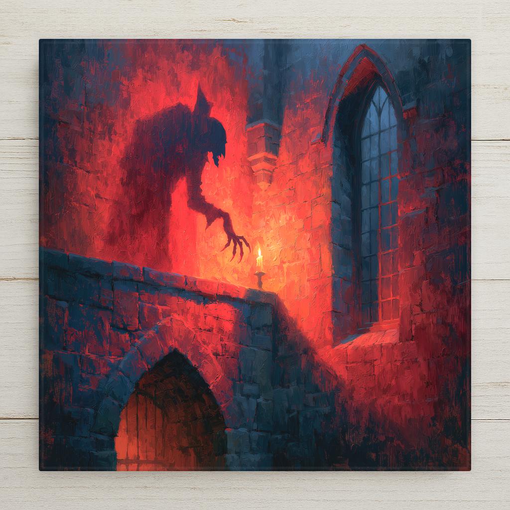Painterly ceramic tile of a gaunt vampire shadow with long clawed fingers cast on a candlelit gothic castle wall beside an arched window