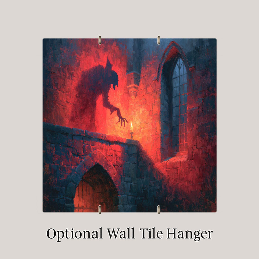 Nosferatu Ceramic Tile Vampire Shadow on Candlelit Castle Wall Painterly Gothic Horror Dark Romance Wall Art Decor