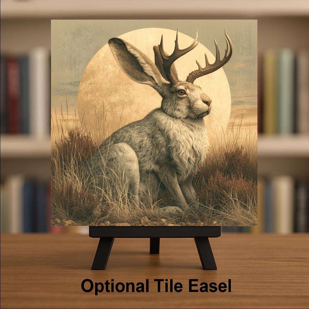 Jackalope Ceramic Tile Vintage Americana Folk Art Antlered Rabbit Golden Prairie Mythical Creature Wall Art Decor