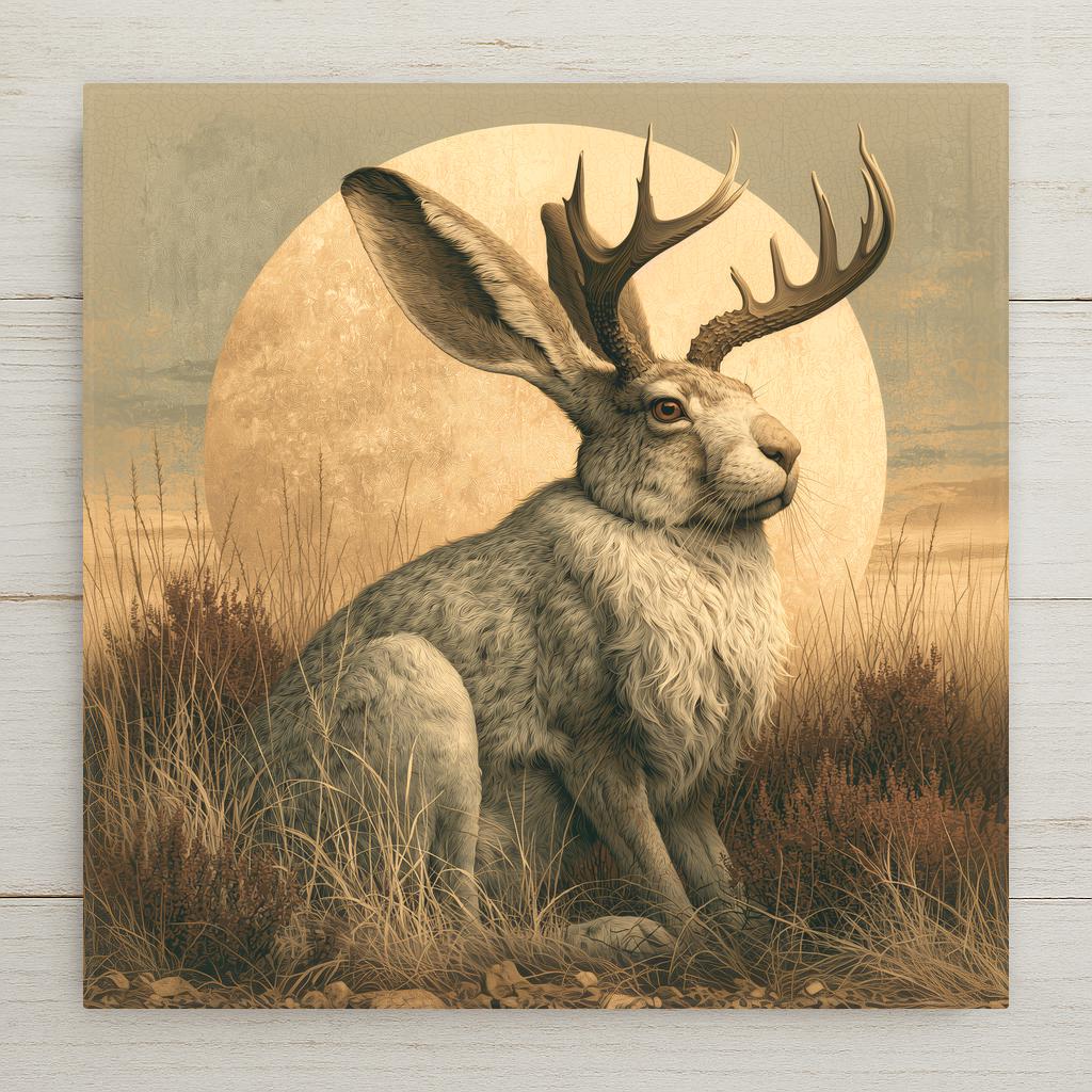 Vintage americana folk art ceramic tile of a jackalope with antlers sitting alert in prairie grass before a golden moon