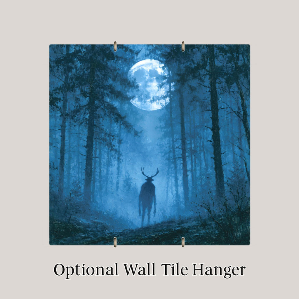 Wendigo Ceramic Tile Antlered Cryptid in Misty Appalachian Forest Full Moon Painterly Folklore Wall Art Moody Decor