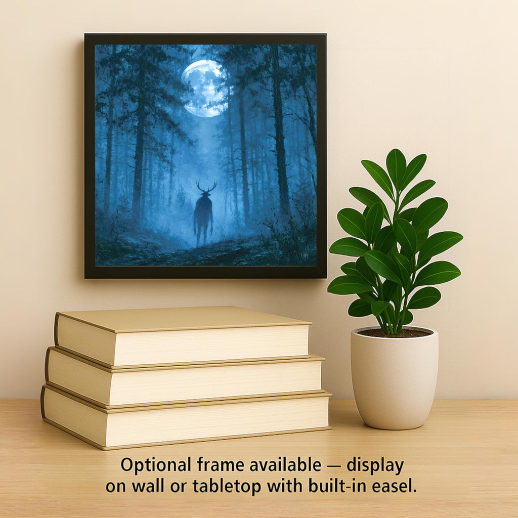 Wendigo Ceramic Tile Antlered Cryptid in Misty Appalachian Forest Full Moon Painterly Folklore Wall Art Moody Decor