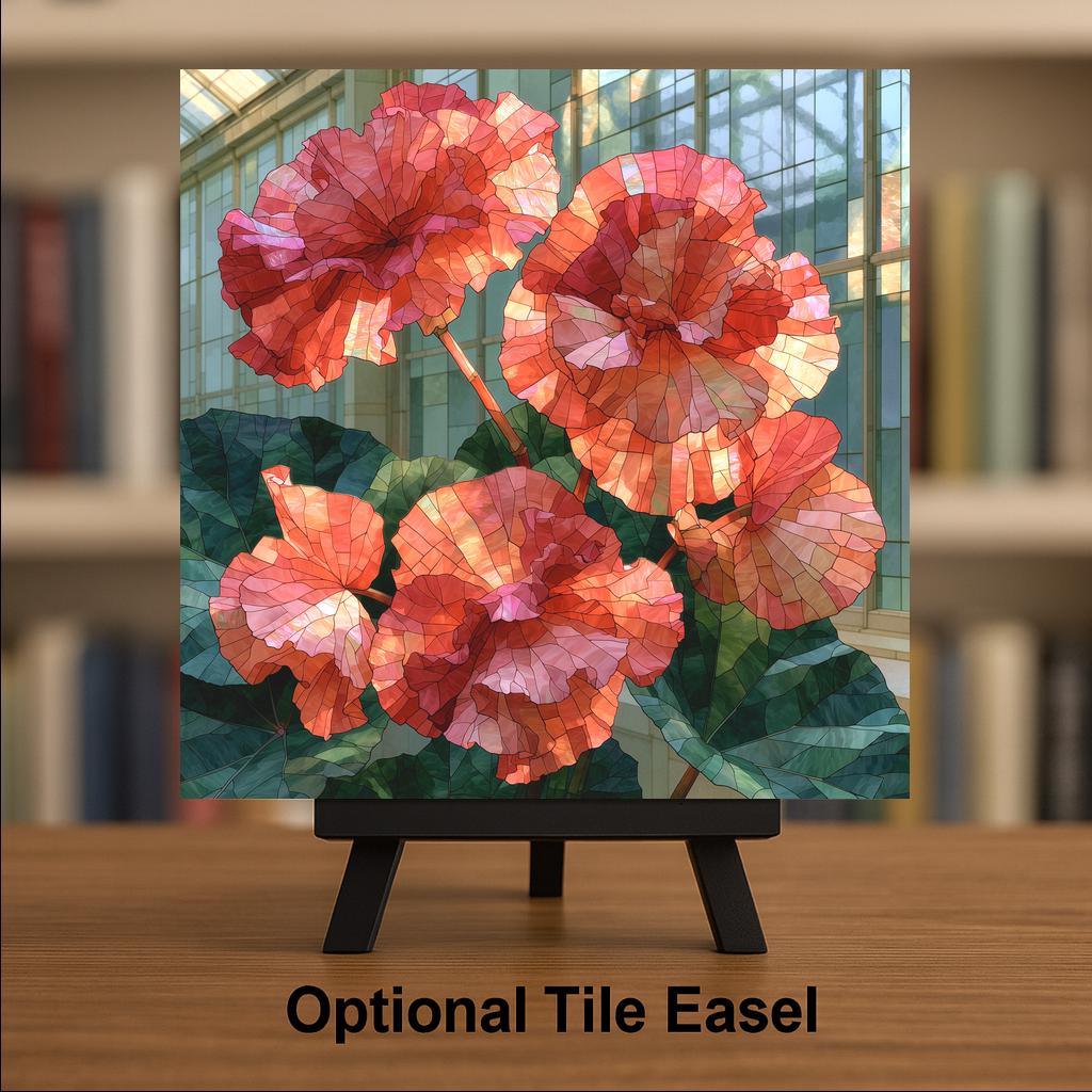 Begonia Ceramic Tile Stained Glass Style Coral Blooms in Sunlit Greenhouse Floral Wall Art Botanical Home Decor