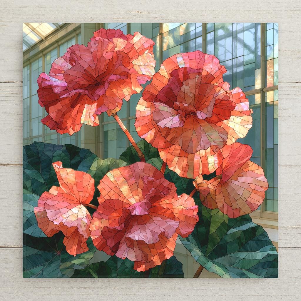 Stained glass style ceramic tile of coral pink begonia blossoms with ruffled petals in a sunlit greenhouse with glass panes