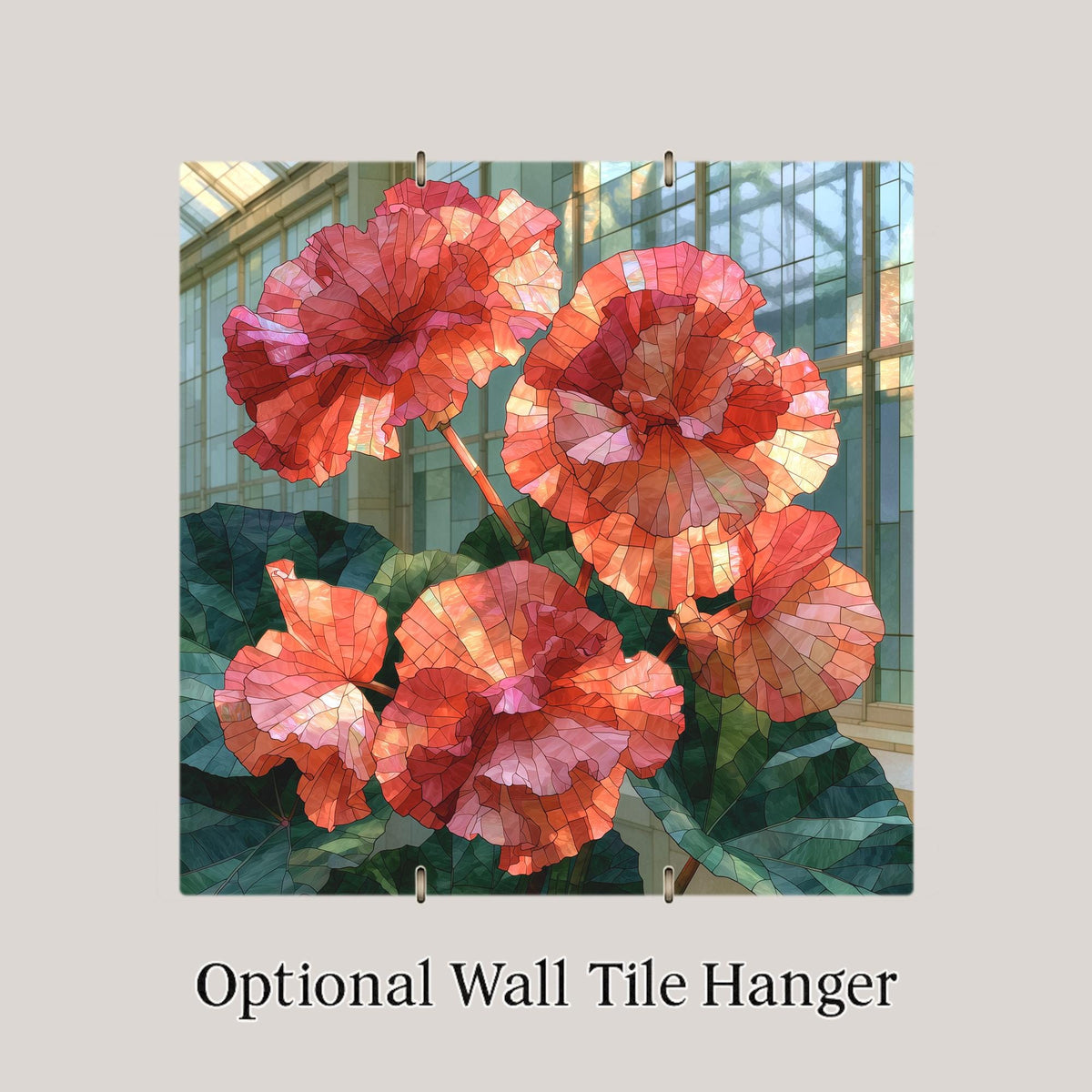 Begonia Ceramic Tile Stained Glass Style Coral Blooms in Sunlit Greenhouse Floral Wall Art Botanical Home Decor