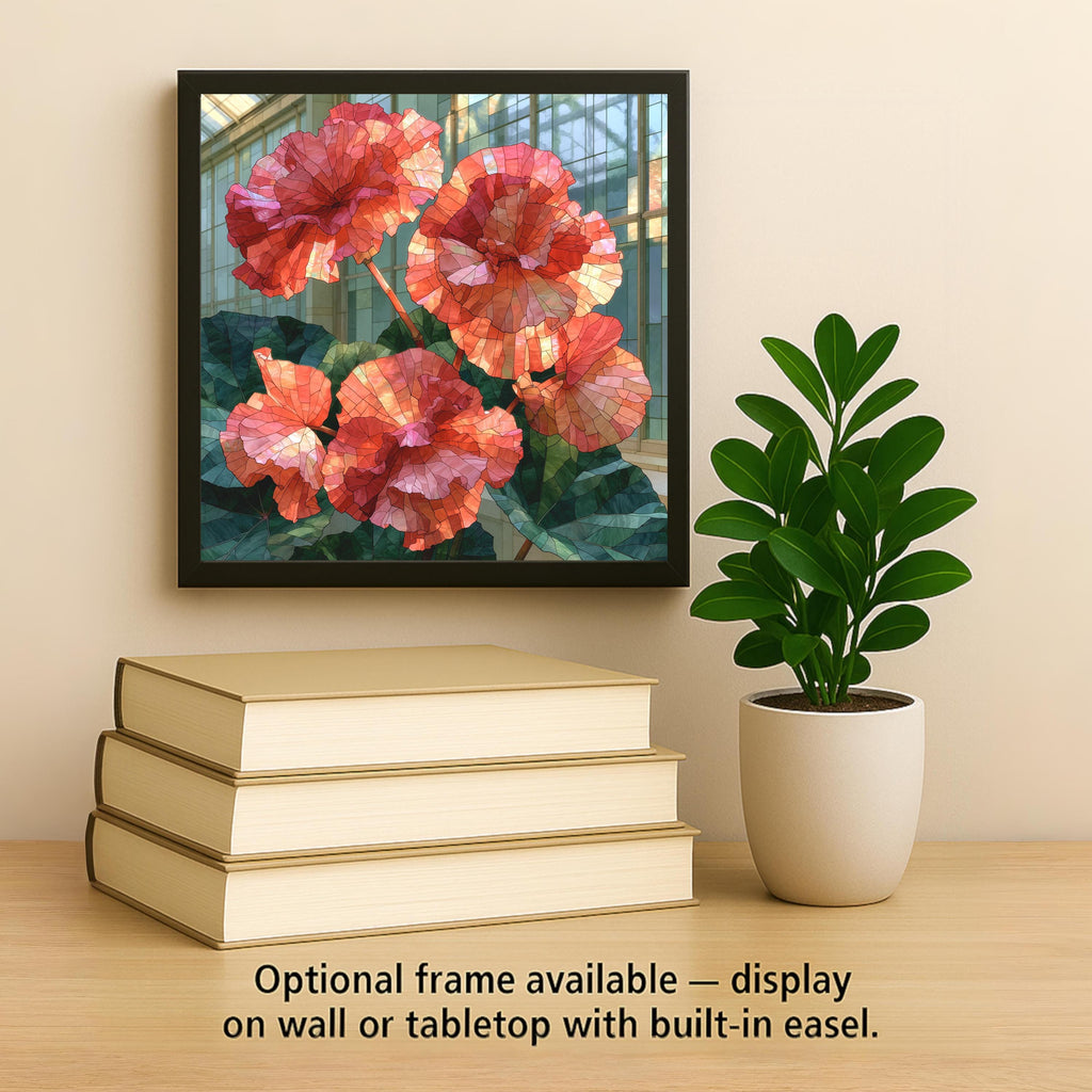 Begonia Ceramic Tile Stained Glass Style Coral Blooms in Sunlit Greenhouse Floral Wall Art Botanical Home Decor