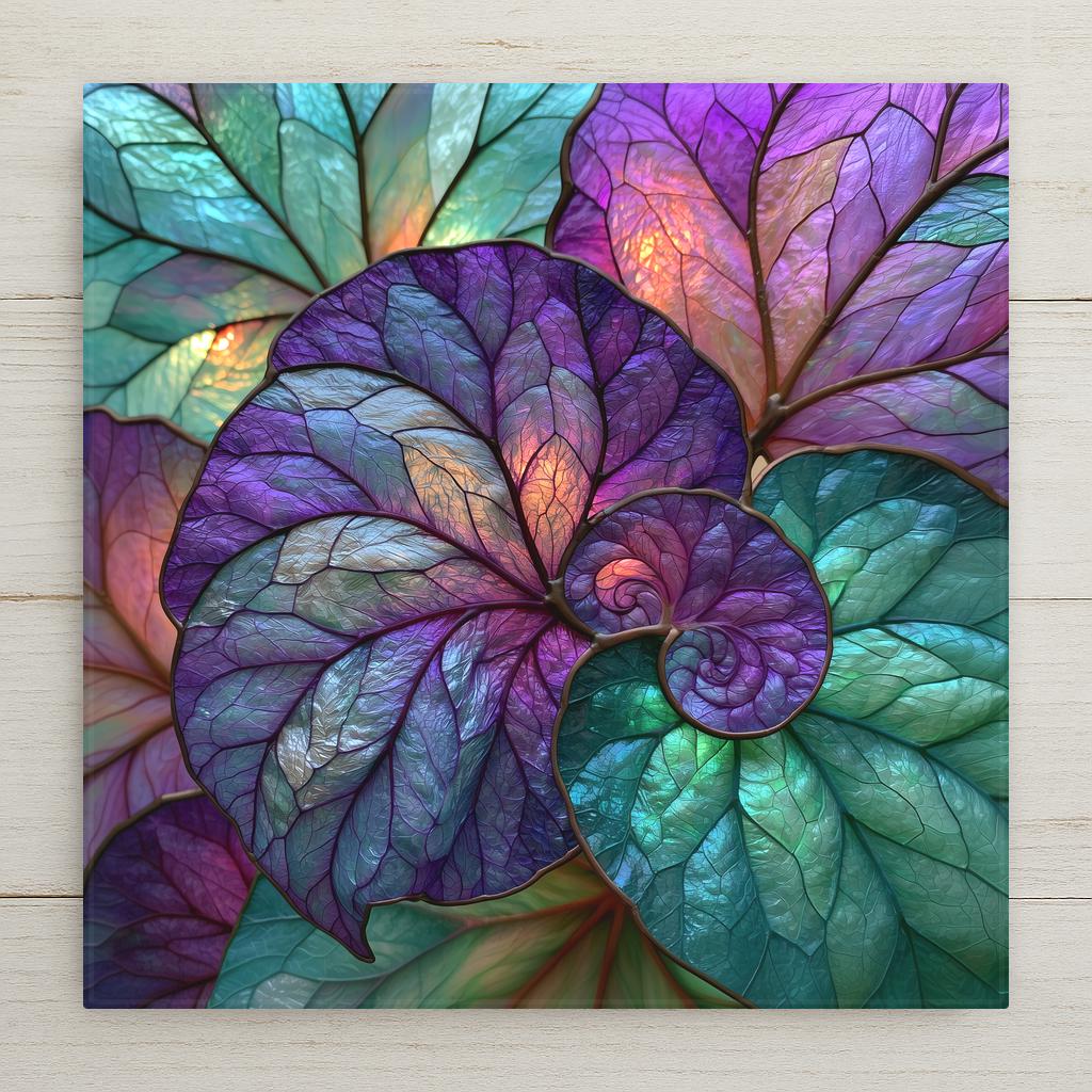 Stained glass style ceramic tile of a rex begonia with spiral patterned leaves in purple silver teal and emerald glass