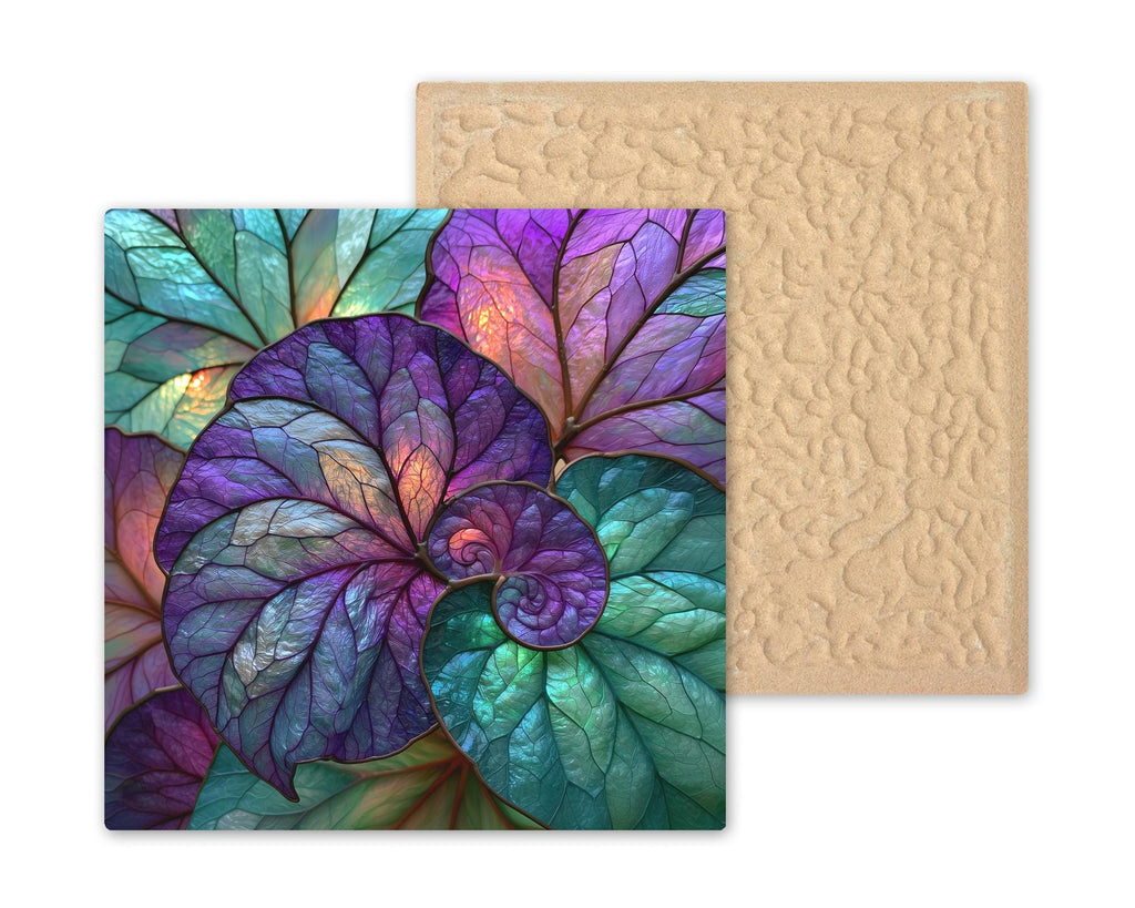 Rex Begonia Ceramic Tile Stained Glass Style Spiral Leaves Purple Teal Houseplant Lover Wall Art Botanical Decor
