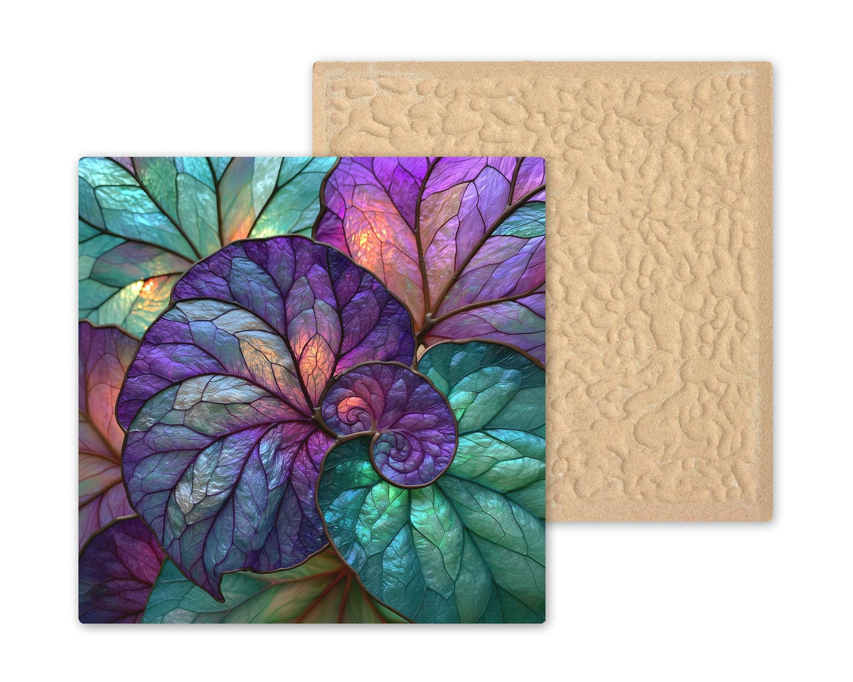 Rex Begonia Ceramic Tile Stained Glass Style Spiral Leaves Purple Teal Houseplant Lover Wall Art Botanical Decor