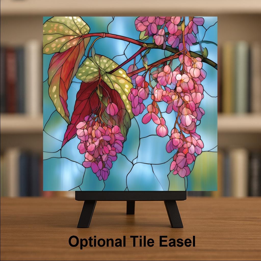 Angel Wing Begonia Ceramic Tile Stained Glass Style Pink Blossoms Polka Dot Leaves Floral Wall Art Botanical Decor