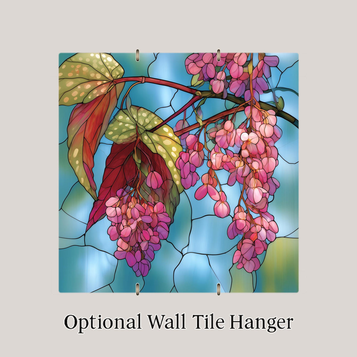 Angel Wing Begonia Ceramic Tile Stained Glass Style Pink Blossoms Polka Dot Leaves Floral Wall Art Botanical Decor