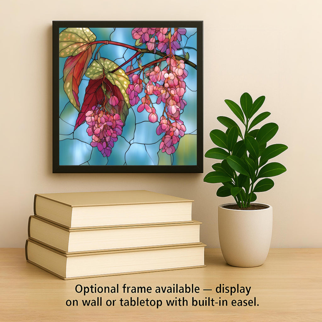 Angel Wing Begonia Ceramic Tile Stained Glass Style Pink Blossoms Polka Dot Leaves Floral Wall Art Botanical Decor