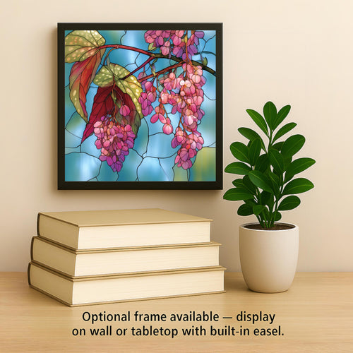 Angel Wing Begonia Ceramic Tile Stained Glass Style Pink Blossoms Polka Dot Leaves Floral Wall Art Botanical Decor