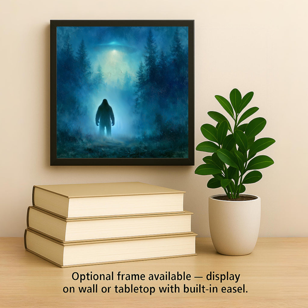 Sasquatch Ceramic Tile Bigfoot Close Encounter UFO Over Misty Forest Pacific Northwest Painterly Wall Art Cryptid Decor