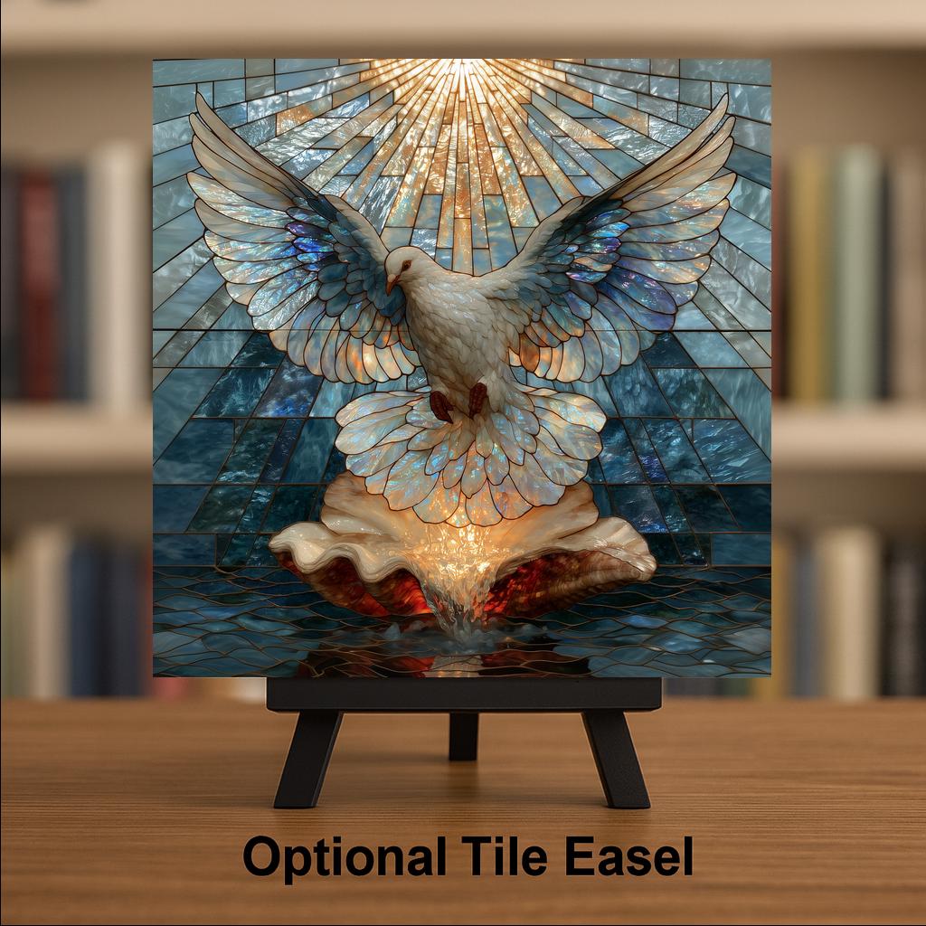 Baptism Boy Ceramic Tile Stained Glass Style White Dove Over Shell Christening Keepsake Blue and Gold Wall Art Decor