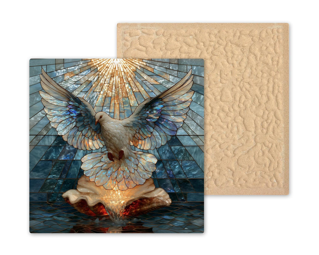 Baptism Boy Ceramic Tile Stained Glass Style White Dove Over Shell Christening Keepsake Blue and Gold Wall Art Decor