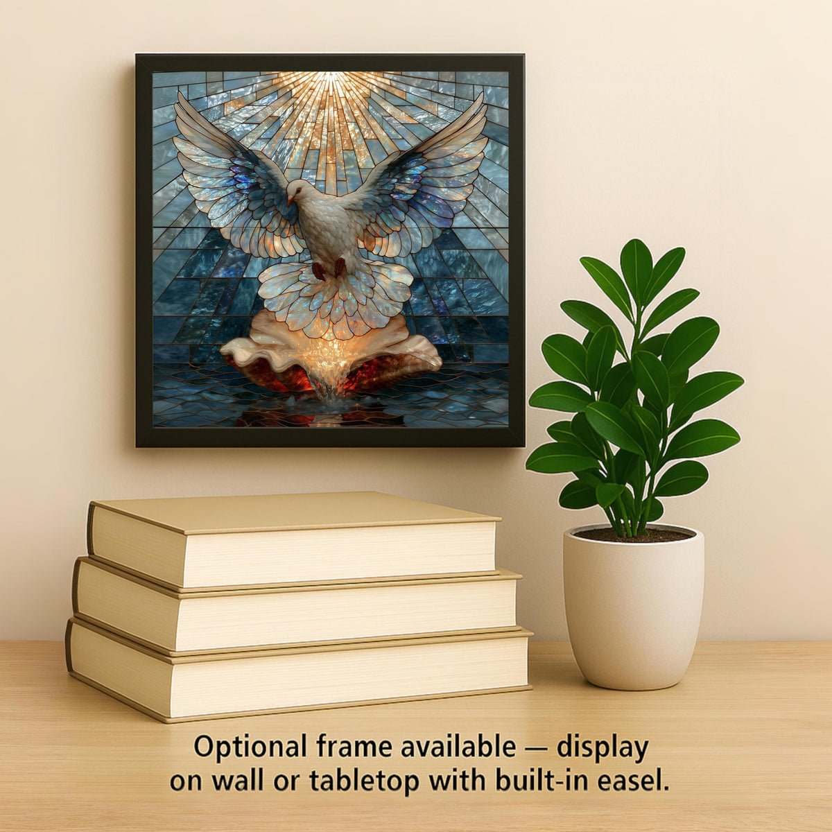 Baptism Boy Ceramic Tile Stained Glass Style White Dove Over Shell Christening Keepsake Blue and Gold Wall Art Decor