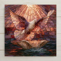 Stained glass style ceramic tile of a white dove with spread wings above a baptismal shell pouring water beneath radiant light in blush pink rose and mauve glass