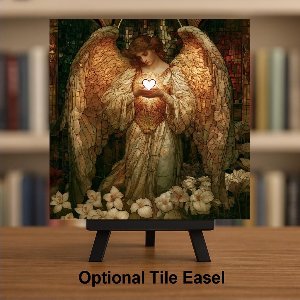 Godmother Ceramic Tile Stained Glass Style Guardian Angel Holding Glowing Heart White Lilies Faith Wall Art Decor