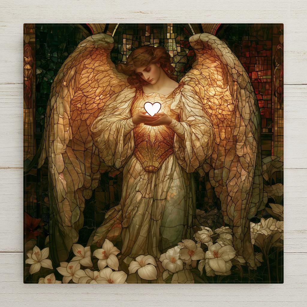 Stained glass style ceramic tile of a guardian angel with golden sheltering wings holding a glowing heart above white lilies in amber ivory and sage glass
