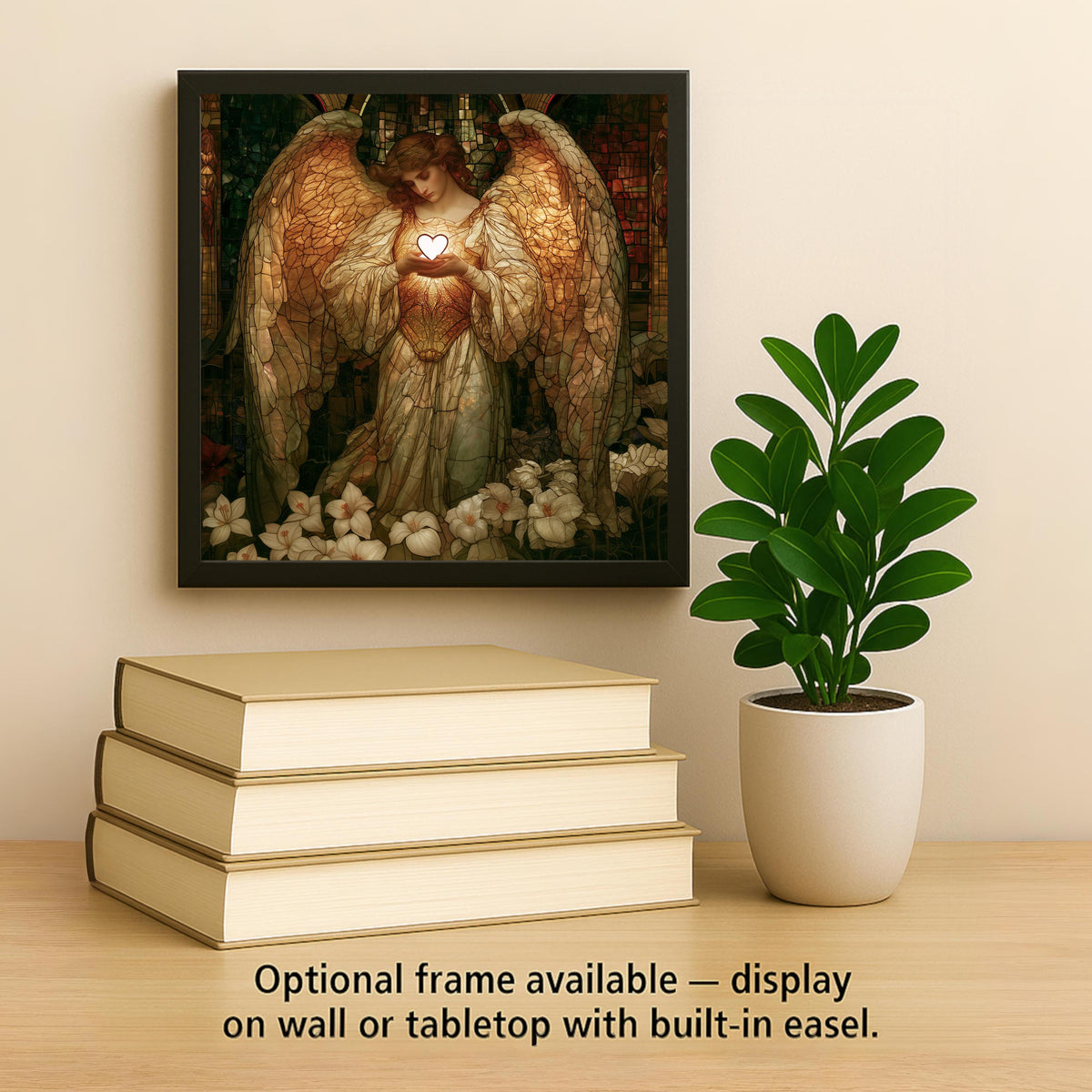 Godmother Ceramic Tile Stained Glass Style Guardian Angel Holding Glowing Heart White Lilies Faith Wall Art Decor