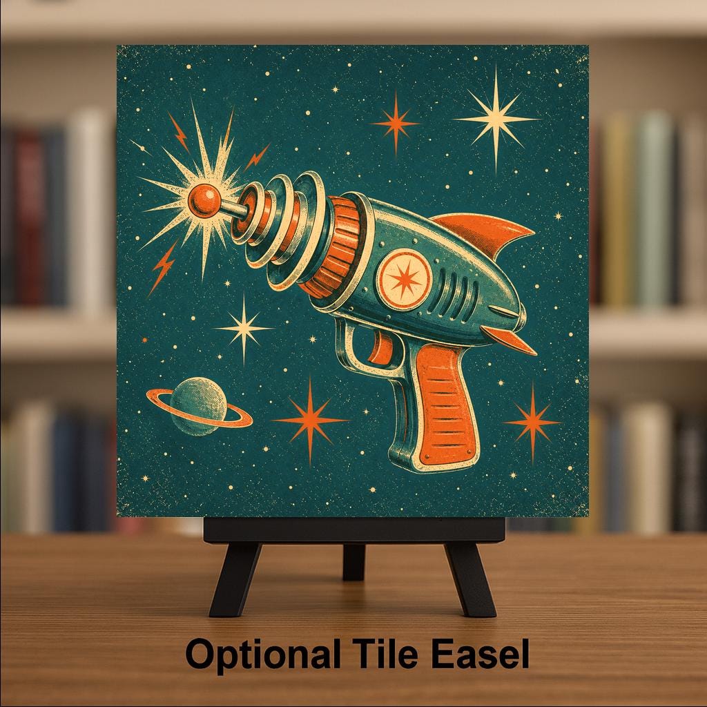 Ray Gun Ceramic Tile Retro Atomic Age Space Toy Vintage Sci Fi Illustration Mid Century Modern Wall Art Starburst Decor