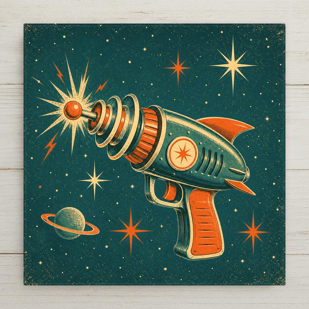 Retro atomic age illustration ceramic tile of a vintage toy ray gun with fins and rings firing a starburst zap among stars and a ringed planet in teal orange and cream