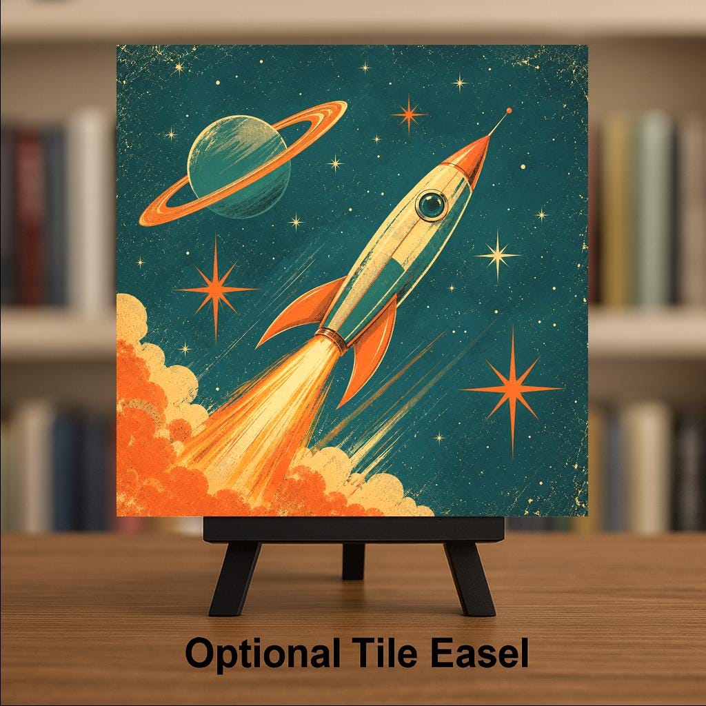 Retro Rocket Ceramic Tile Atomic Age Space Ship Blast Off Vintage Sci Fi Mid Century Modern Wall Art Starburst Decor