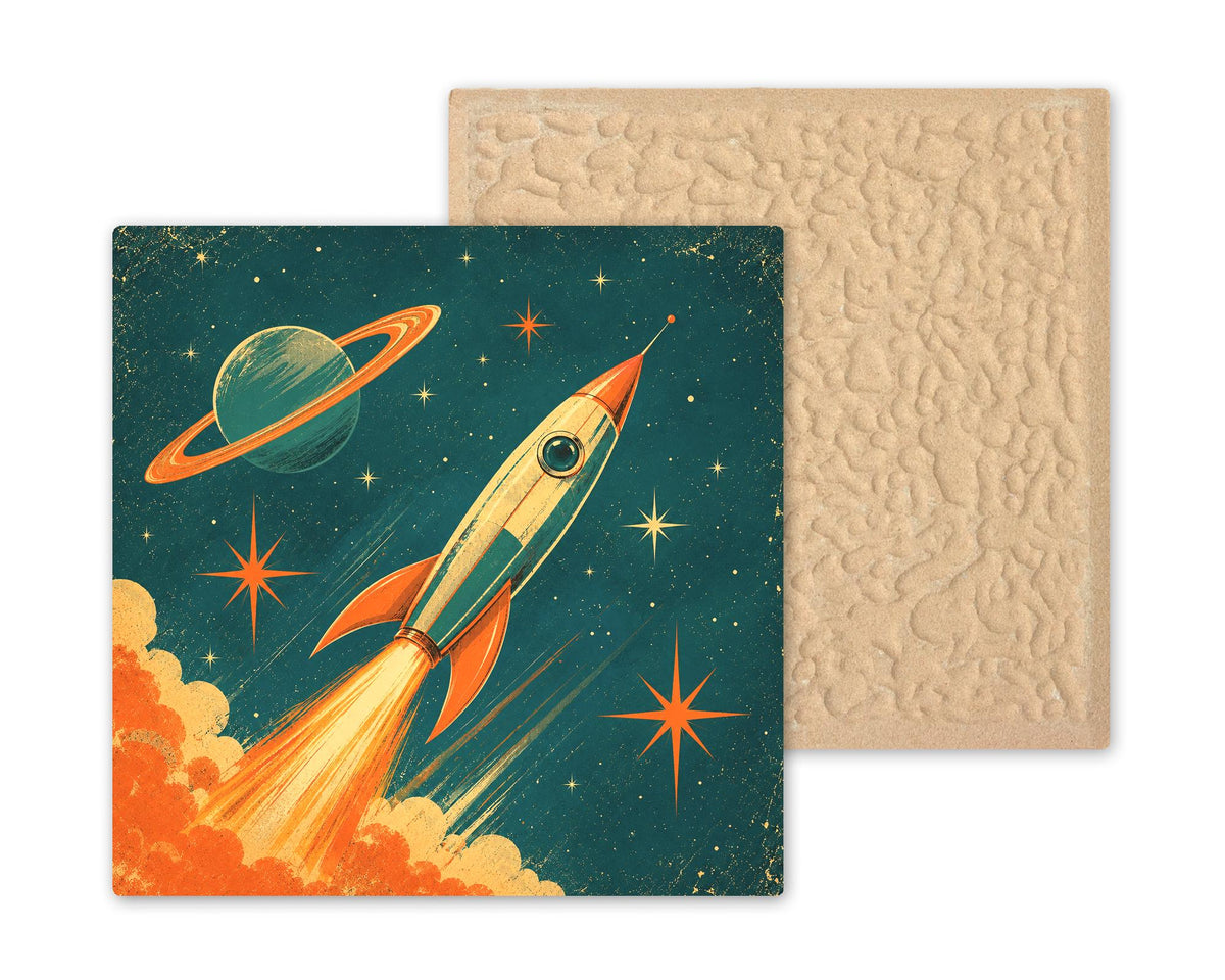 Retro Rocket Ceramic Tile Atomic Age Space Ship Blast Off Vintage Sci Fi Mid Century Modern Wall Art Starburst Decor