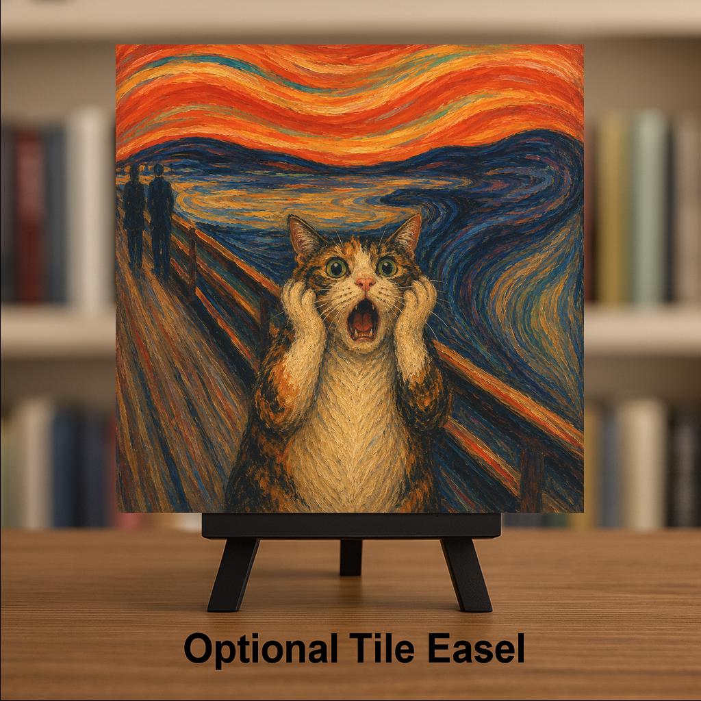Cat Scream Ceramic Tile Wall Art Famous Painting Parody Funny Screaming Cat Expressionist Sunset Art Decor