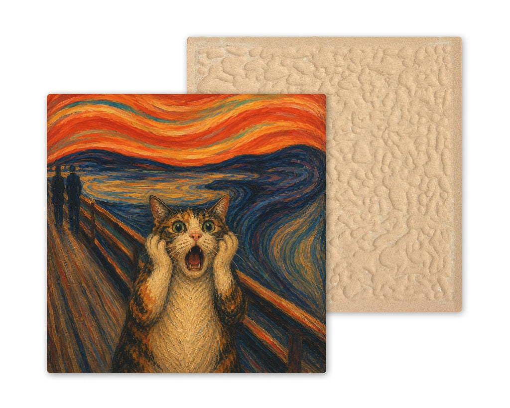 Cat Scream Ceramic Tile Wall Art Famous Painting Parody Funny Screaming Cat Expressionist Sunset Art Decor