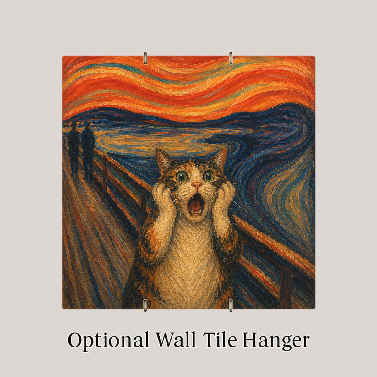 Cat Scream Ceramic Tile Wall Art Famous Painting Parody Funny Screaming Cat Expressionist Sunset Art Decor