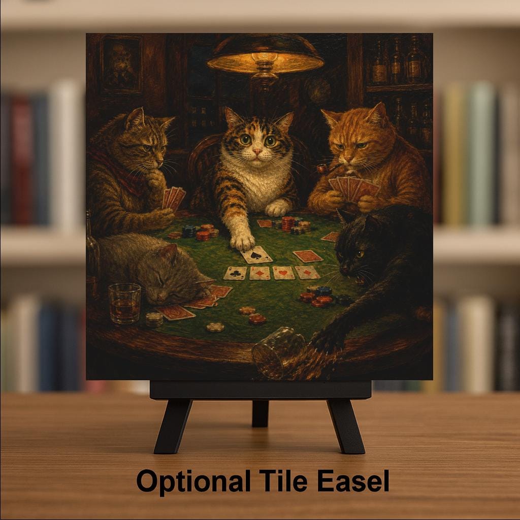 Cats Playing Poker Ceramic Tile Wall Art Famous Painting Parody Funny Cat Card Table Game Room Wall Decor
