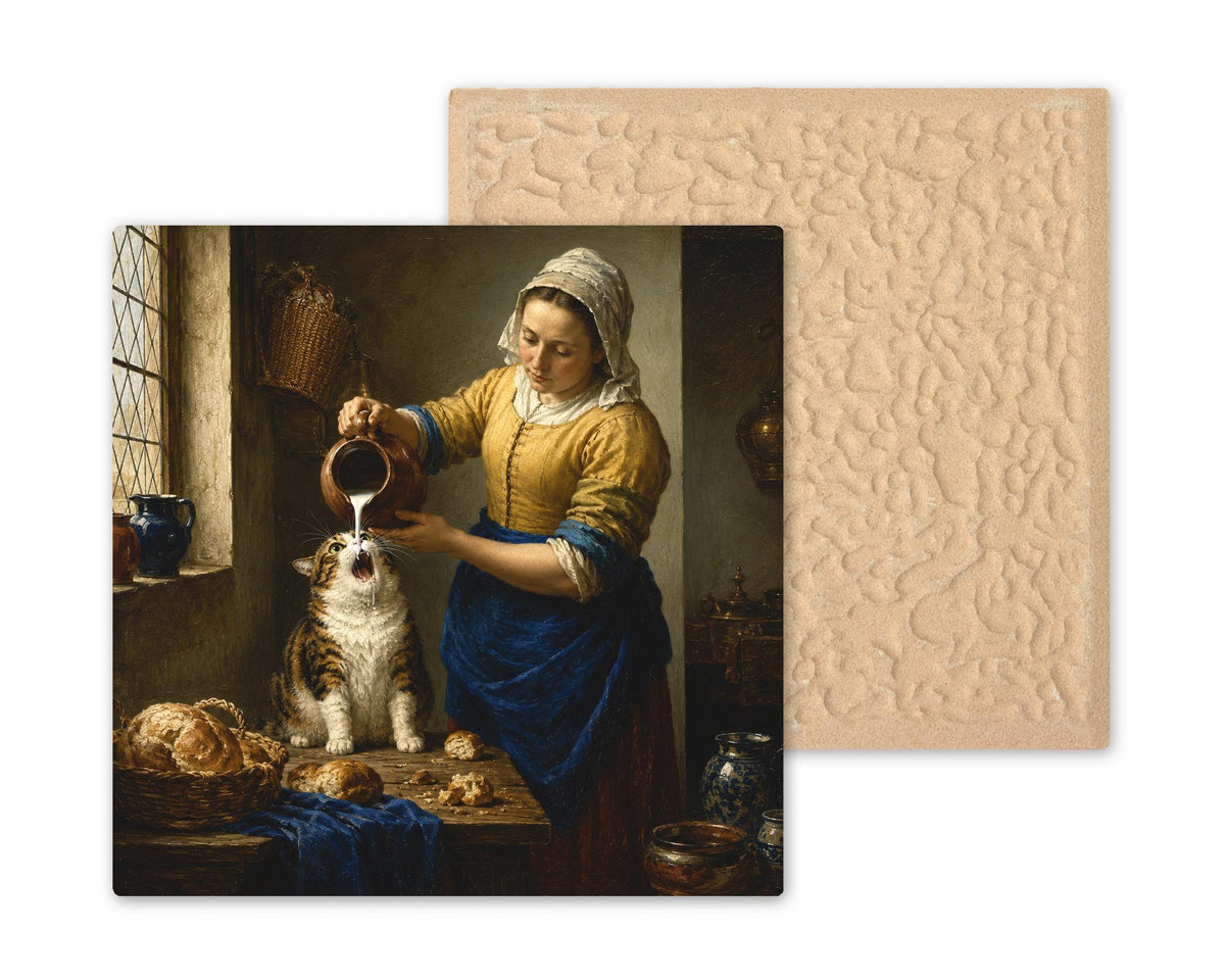 Cat Milkmaid Ceramic Tile Wall Art Famous Painting Parody Funny Kitchen Cat Dutch Golden Age Style Decor