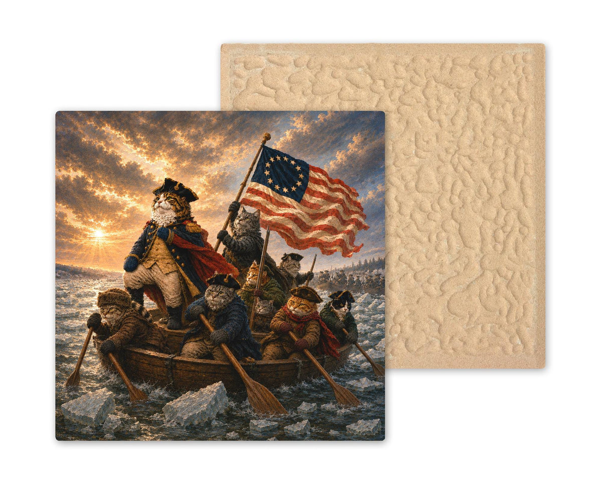 Cat Crossing the Delaware Ceramic Tile Wall Art Famous Painting Parody Funny Patriotic Cat American Flag Decor