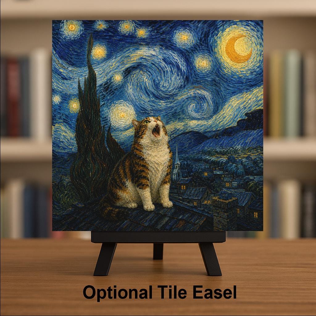 Cat Starry Night Ceramic Tile Wall Art Famous Painting Parody Funny Cat Yowling Moon Swirling Sky Village Decor