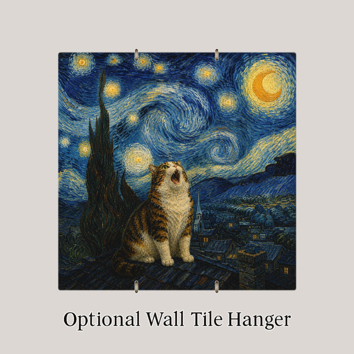 Cat Starry Night Ceramic Tile Wall Art Famous Painting Parody Funny Cat Yowling Moon Swirling Sky Village Decor