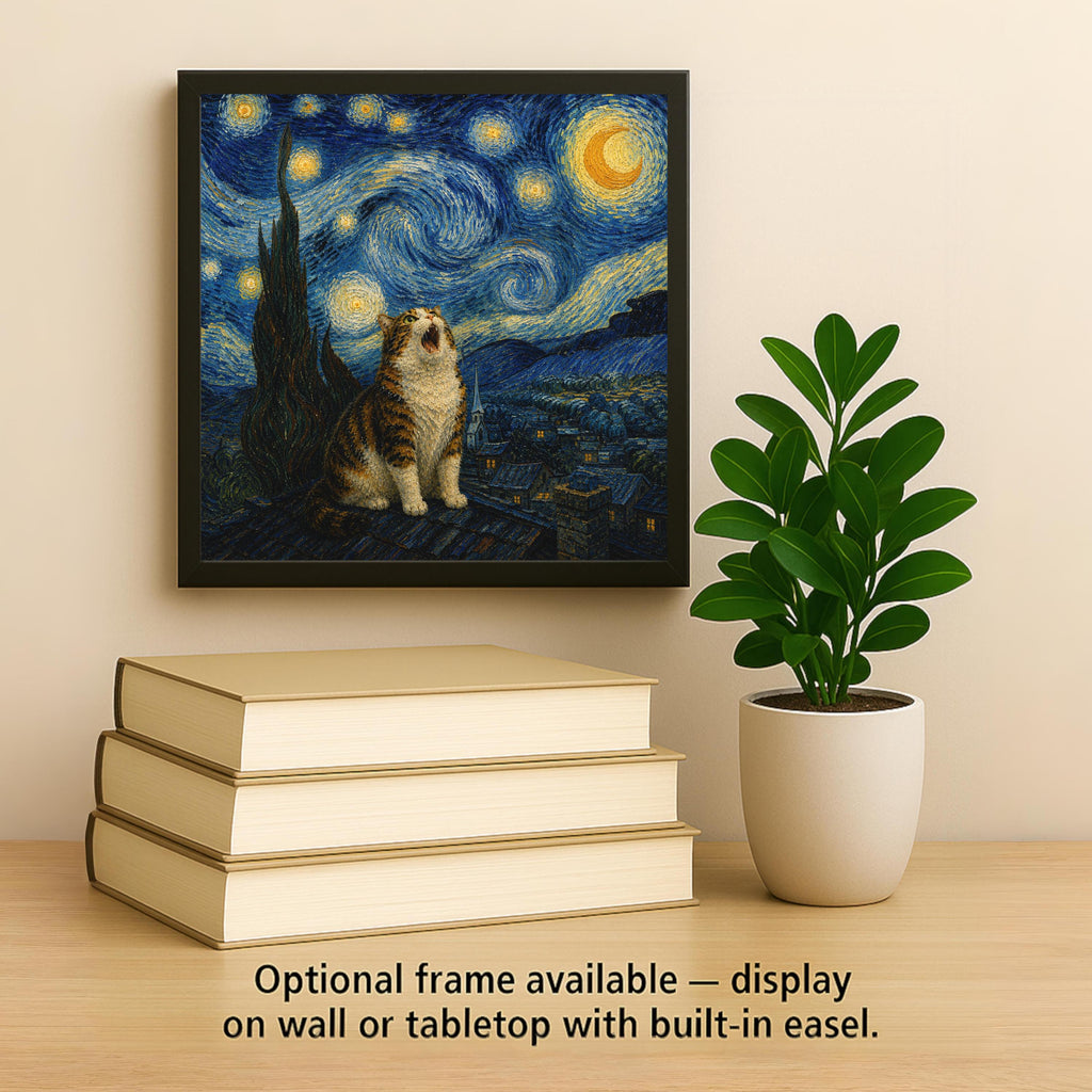 Cat Starry Night Ceramic Tile Wall Art Famous Painting Parody Funny Cat Yowling Moon Swirling Sky Village Decor